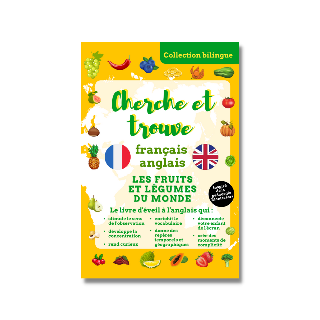 Cherche et trouve français-anglais: les fruits et légumes, les animaux et les transports du monde