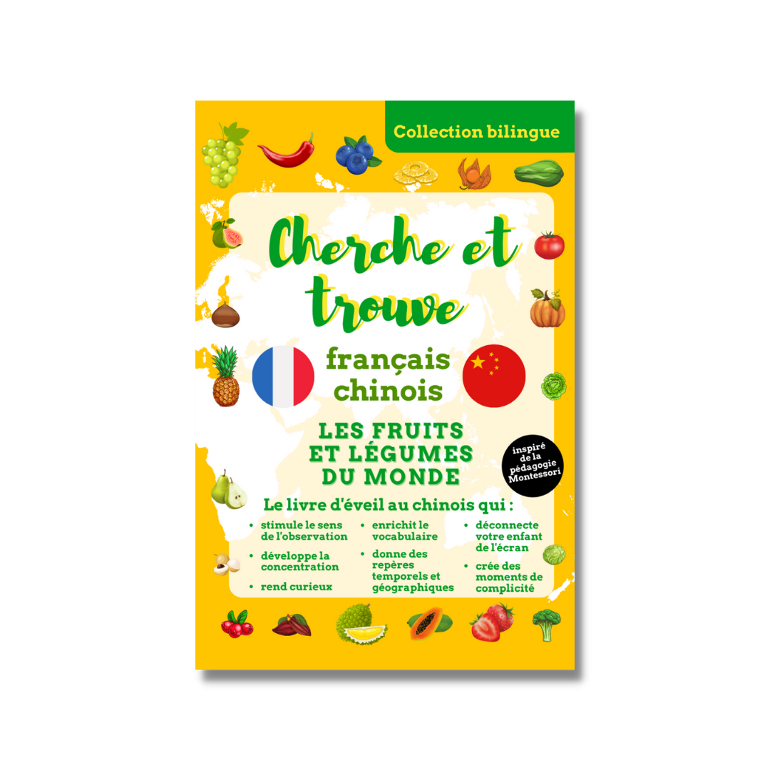 Cherche et trouve français-chinois : les animaux, les fruits et légumes et les transports du monde